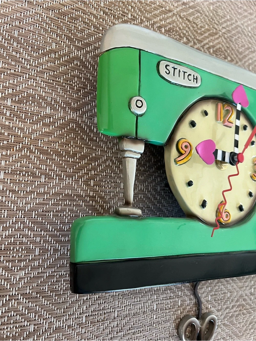 Mint Sewing Machine Wall Clock with Pink Accents